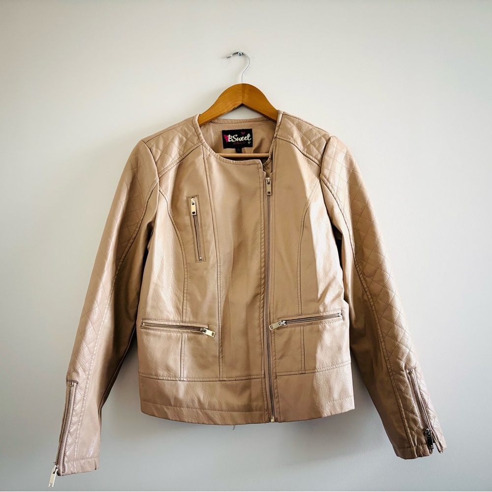Y2K B Sweet Faux Leather Jacket Moto Beige Quilted Full Zip Womens L Rock N Roll